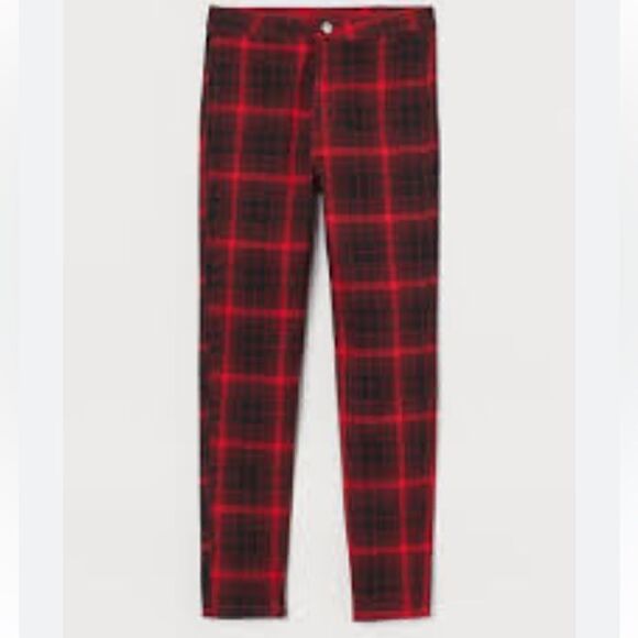 H&M womens Plaid High waisted fitted red black pants size 8 - Picture 1 of 6